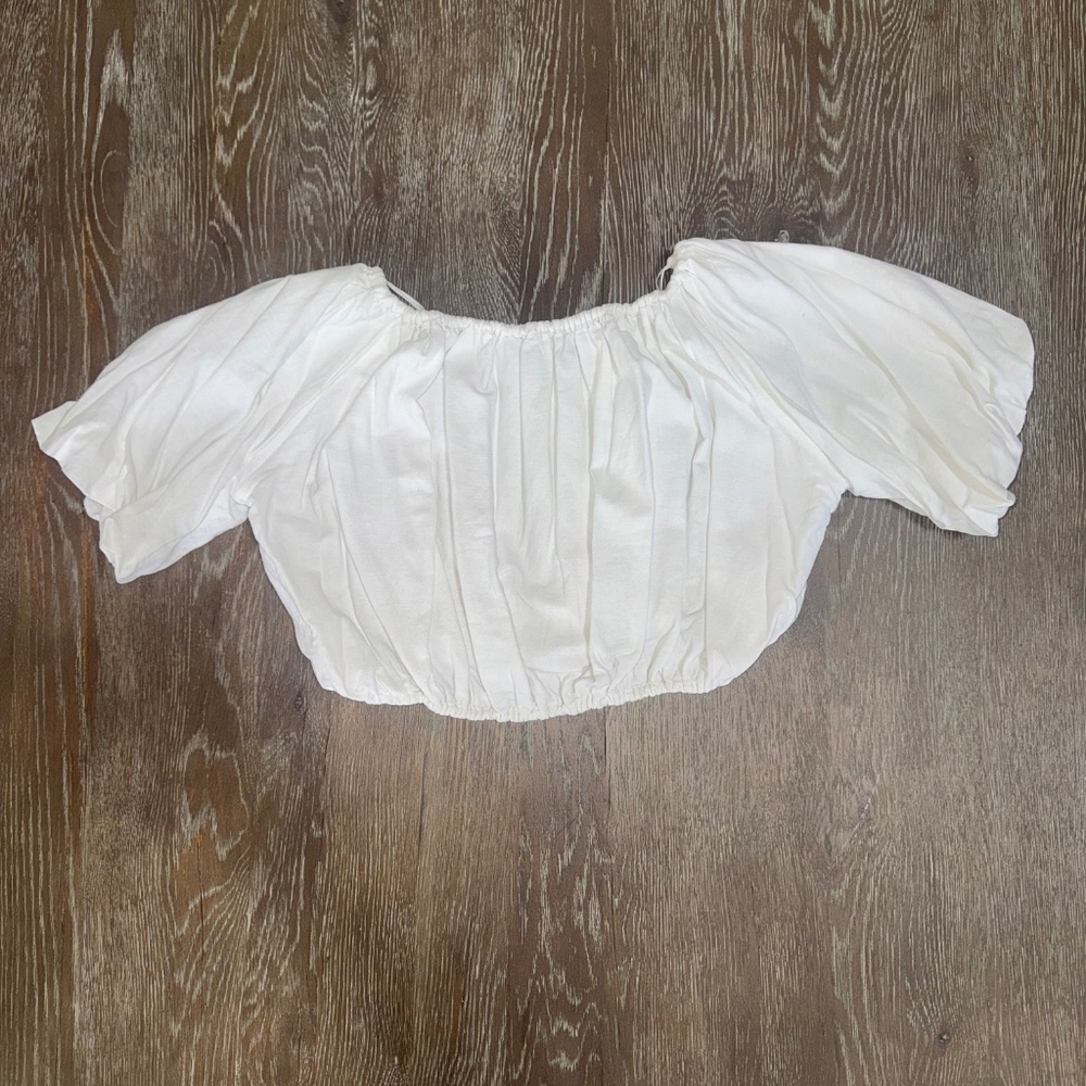 New ZARA White Linen Blend Bohemian Short Balloon Sleeve Lined Top Size M - Picture 7 of 8